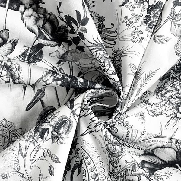 Dekostoff Canvas opulente Blumen 280 cm – schwarz/weiss | Reststück 50cm