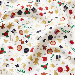 Baumwollstoff Popeline kleine Weihnachtsmotive – hellbeige/gold, 