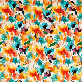 Viskose-Leinen-Mix stilisierte Blumen – wollweiss/orange, 