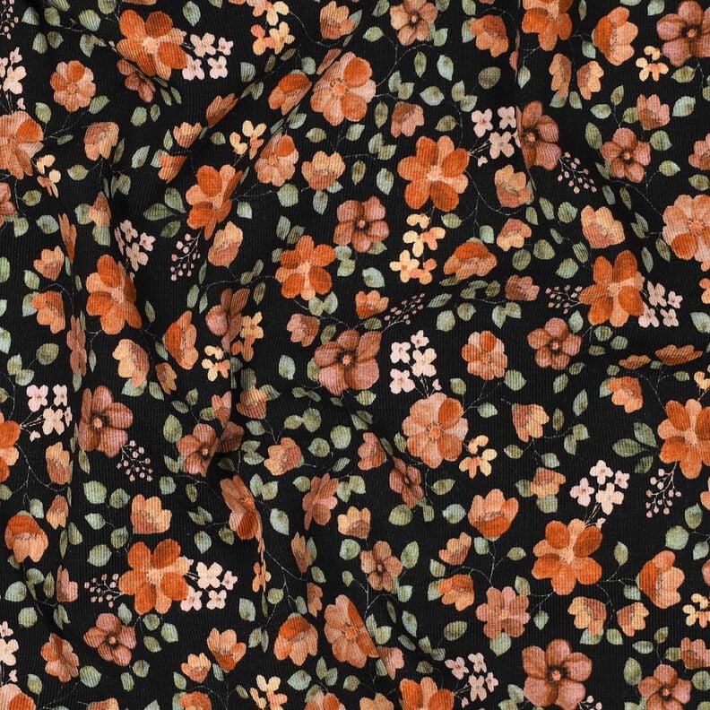 GOTS Baumwolljersey Herbstblumen Digitaldruck – schwarz/pfirsichorange, image number 2