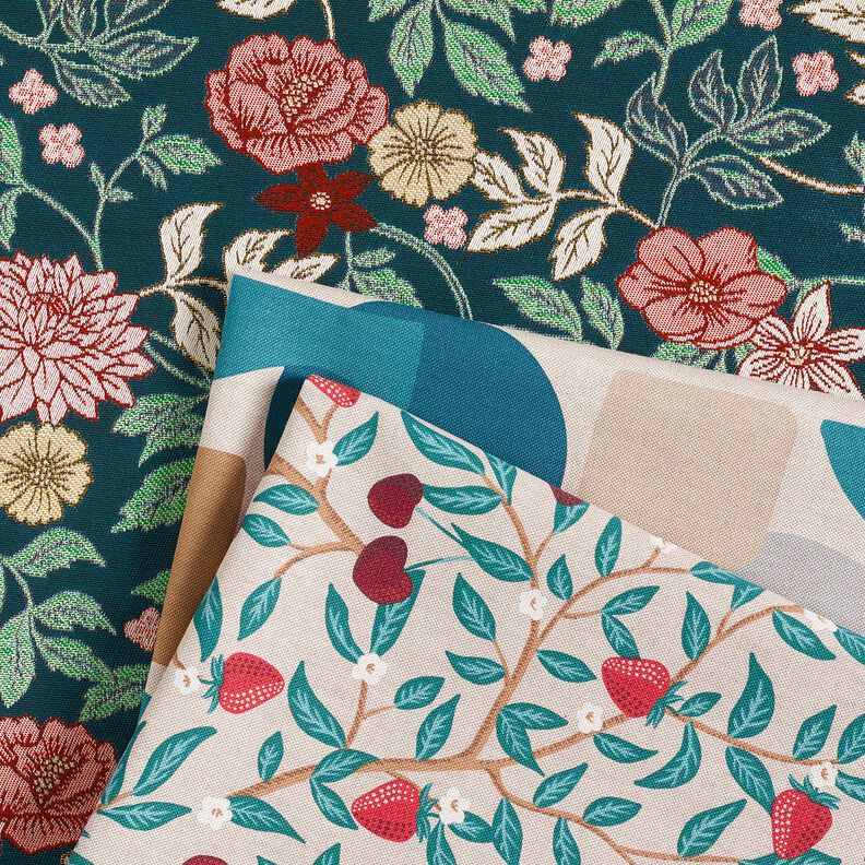Dekostoff Jacquard Vintage Blumen – petrol/dunkelrot,  image number 5