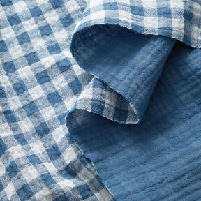 Musselin/ Doppel-Krinkel Gewebe Vichykaros garngefärbt – jeansblau/weiss, 