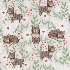 Baumwollstoff Cretonne Katzen in der Blumenwiese – silbergrau, 