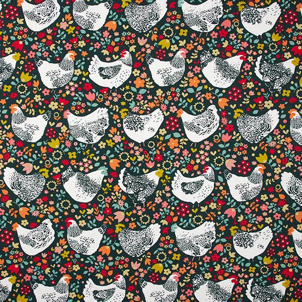 Baumwollstoff Cretonne Hühner mit Blumen – dunkelgrün – Muster,  image number 1