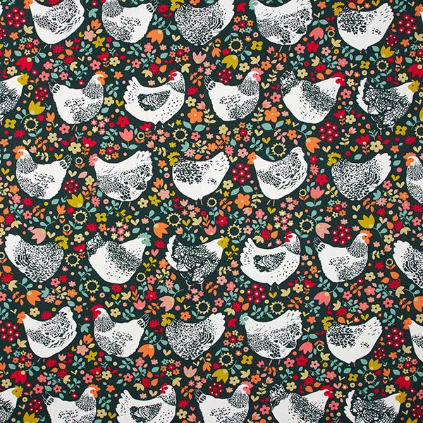 Baumwollstoff Cretonne Hühner mit Blumen – dunkelgrün, image number 1